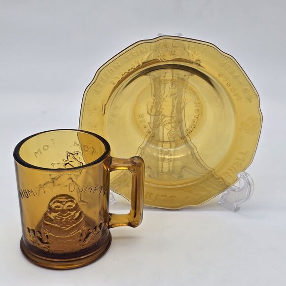 Tiara Other - Vintage Tiara Glass Amber Glass Nursery Rhyme Set Cup Bowl FLAW